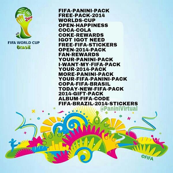 PaniniVirtual's tweet photo. ¡ESTOS SON LOS 20 CODIGOS PUBLICADOS HASTA EL MOMENTO! #FIFAPaniniCode #PaniniVirtual #PaniniCode #AlbumMundialPanini http://t.co/5Ogjg8z3Ul