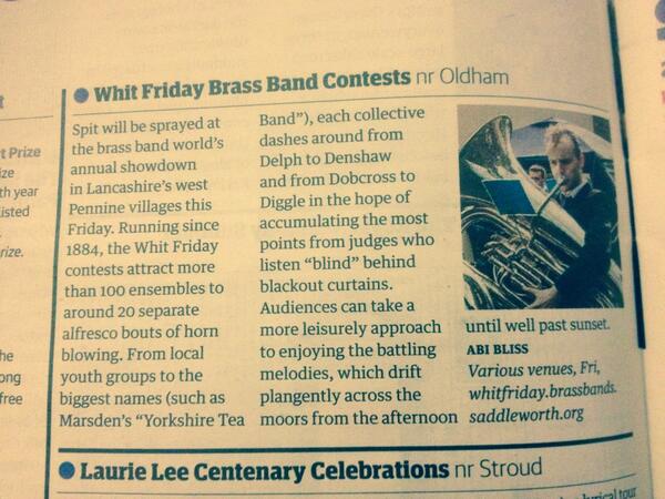 Veryoldhammer's tweet photo. Nice to see the Guardian bigging up the Brass Band Contest "near Oldham" this Friday #whitfriday http://t.co/7V34SdixJa