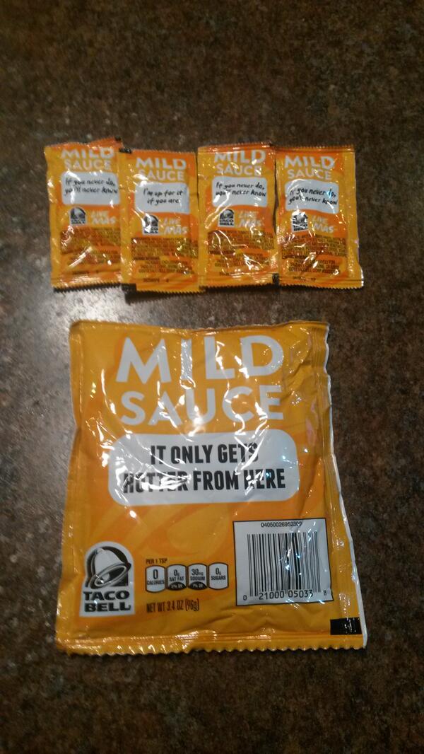 GinaSWilliams's tweet photo. Big daddy of Taco Bell mild sauces! Love this stuff! Yummmmm! http://t.co/mCrL9A3vdh
