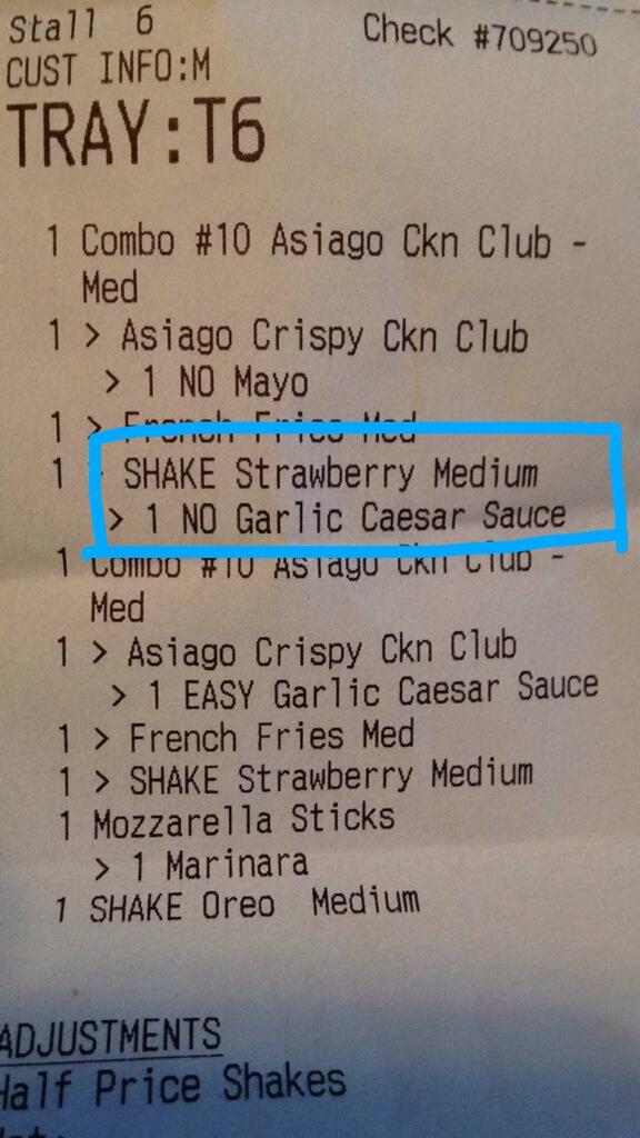 Carhopstruggles's tweet photo. I guess they didn't want garlic Cesar sauce in their strawberry shake... http://t.co/ktPoefTpFU