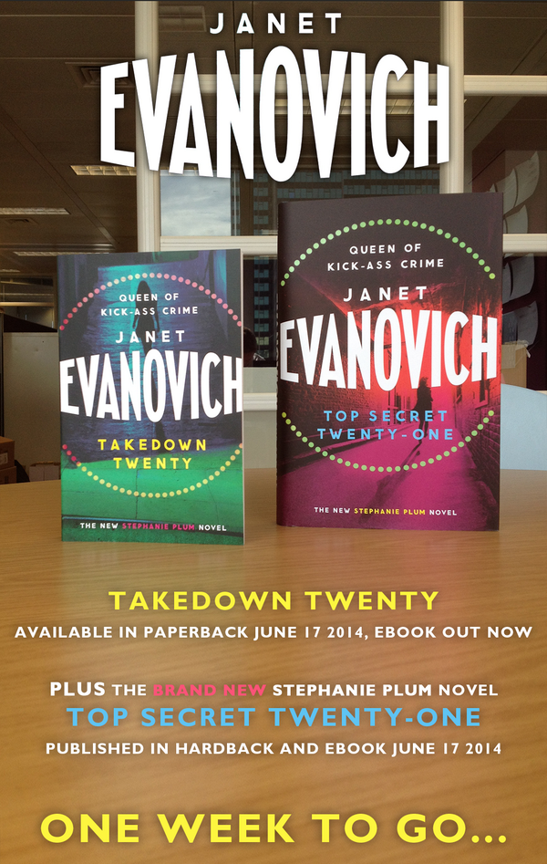 headlinepg's tweet photo. One week to go until publication of these @janetevanovich #StephaniePlum novels! #TakedownTwenty #TopSecretTwentyOne http://t.co/uSNzYJchP2