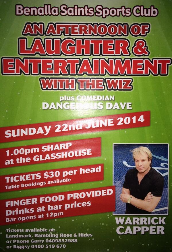 benallasaintssc's tweet photo. Come and see @WarwickCapper39 do his thing at the Benalla Saints Sports Club!
See attached photo for all details http://t.co/p17F4rDrH2