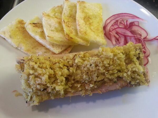 hungrypeasant's tweet photo. Bone marrow with a herb and lemon zest crust with pickled red onion and olive oil drizzled toast. http://t.co/vGgt3o85BQ