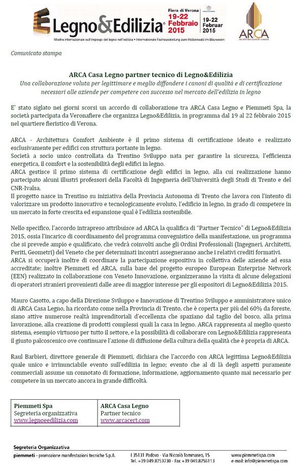 Siglato un accordo di collaborazione con <a href="/ARCACasaLegno/">ARCA - Certificazione di qualità e sostenibilità</a>  per la prossima edizione di #LE2015