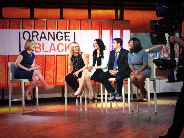 MeleaAdrianna's tweet image. It's an @OITNB takeover on. @TODAYshow! @TaySchilling @JasonBiggs @UzoAduba and @LauraPrepon with @SavannahGuthrie.