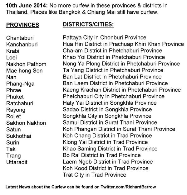 EmbEspTailandia's tweet photo. Lista de distritos y provincias en los que se ha levantado el toque de queda. 

Vía @RichardBarrow: (10/June/2014) http://t.co/IiT0ygHZiV