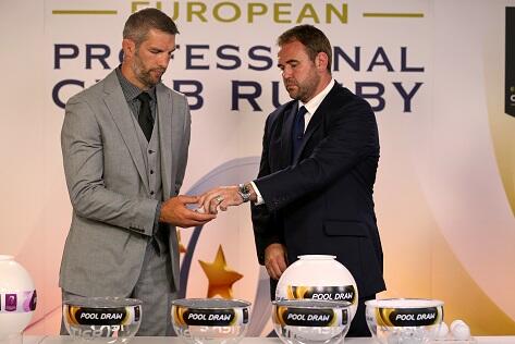 premrugby's tweet photo. You can see the tension on their faces but @ShawseyShaw &amp; @ScottQuinnell did a great job today! #ERCCPoolDraw http://t.co/kqMkbmLtFV
