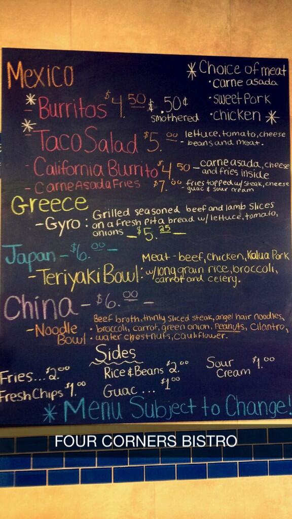 lizajbrown's tweet photo. @AggieBlueSquare FOUR CORNERS BISTRO, now open 👏😋 #bluesquare #usu #utahstate #fourcornersbistro #internationalfood http://t.co/SQgDGlWmV5