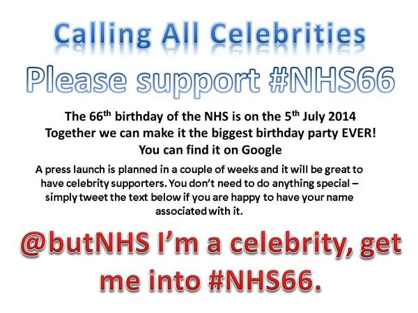 butNHS's tweet photo. Less than 4 weeks to #NHS66. Now lots of events planned all over the country. Getting exciting! Make some noise &amp; RT. http://t.co/e1XNad08ad