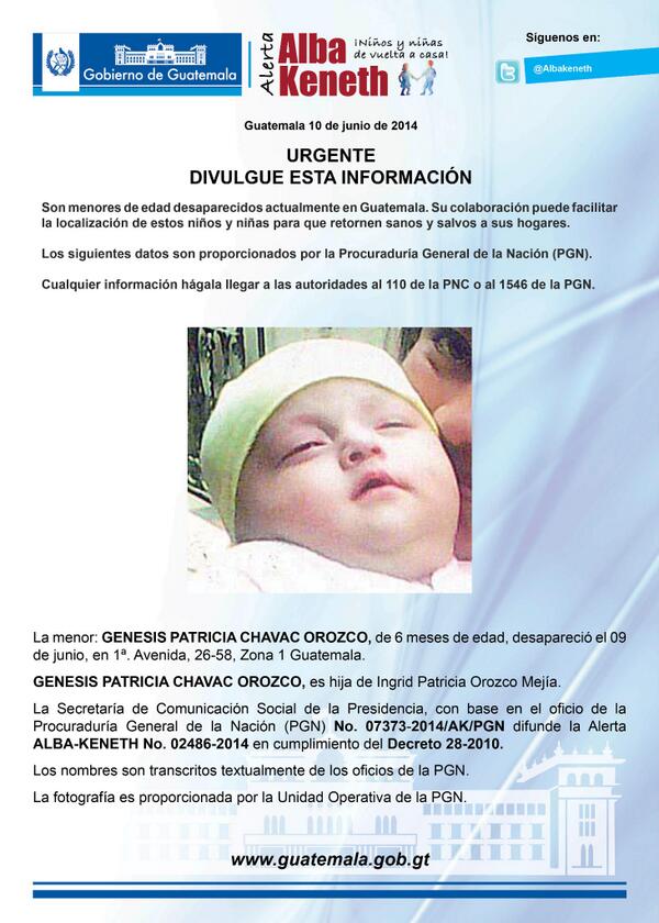 GENESIS PATRICIA CHAVAC OROZCO, de 6 meses de edad, desapareció el 09 de junio, en zona 1 Guatemala.