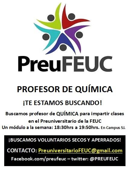 PREUFEUC's tweet photo. @CEPeUC ¿Podrían darnos RT por favor? Buscamos profesor de química. Correo: PreuniversitarioFEUC@gmail.com http://t.co/DOx7X3IPa9 Gracias!