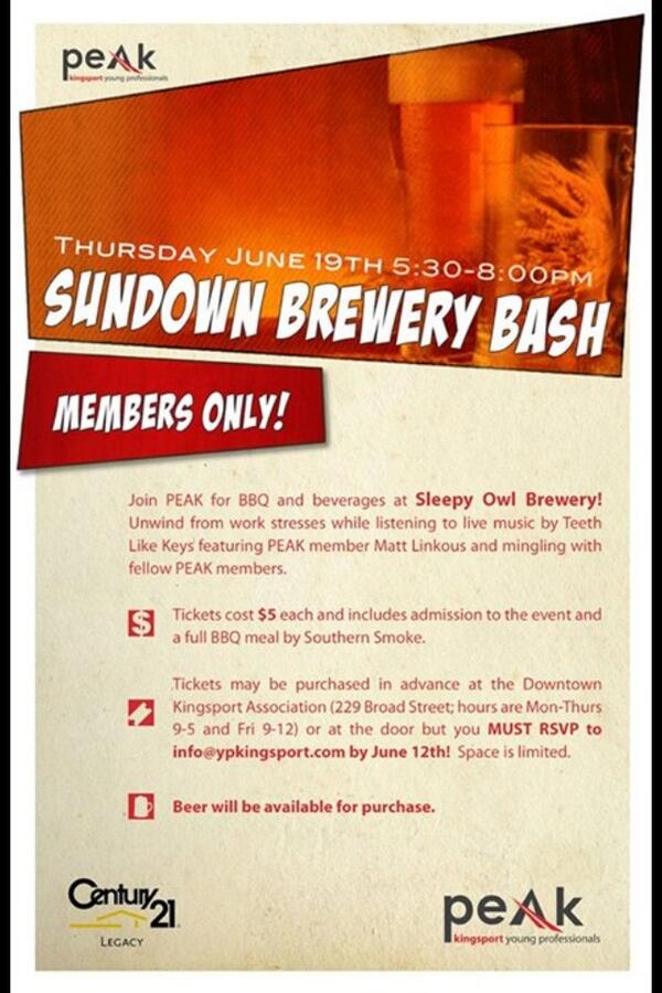 YPKingsport's tweet photo. You don't want to miss this event! Next Thursday (6/19) 5:30-8 BBQ, craft beer, and live music at @SleepyOwlBrew! http://t.co/b84eJCcH03