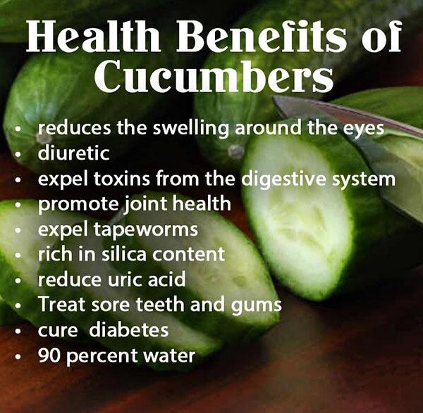 DailyHealthTips's tweet photo. Health benefits of Cucumbers 

#HealthTips #Natural http://t.co/NKVb8wblSc