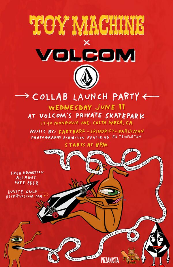 Volcom's tweet photo. TOMORROW! Come party with us and the @toymachine crew for the #ToyMachineXVolcom launch party! http://t.co/zIQV3Sx960