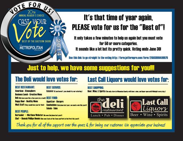 Don't forget to vote for @thedelionline and <a href="/LastCallLiquors/">Last Call Liquors</a> ! 
Voting ends June 30.
form.jotformpro.com/form/215039994…