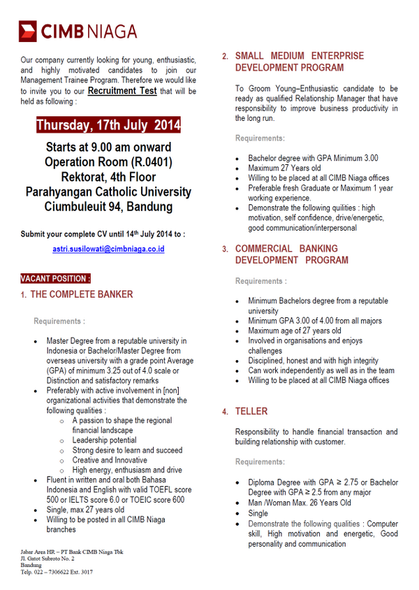 cdc_unpar's tweet photo. Recruitment PT. Bank CIMB Niaga, Tbk. http://t.co/7oJJt79EA4 http://t.co/CJ5jlX993c
