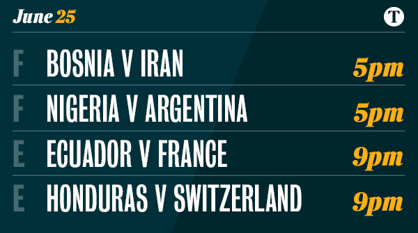 TimesSport's tweet image. Today's #WorldCup fixtures: final set of games in Groups E and F #Nga #Arg #Fra #Sui thetim.es/worldcup