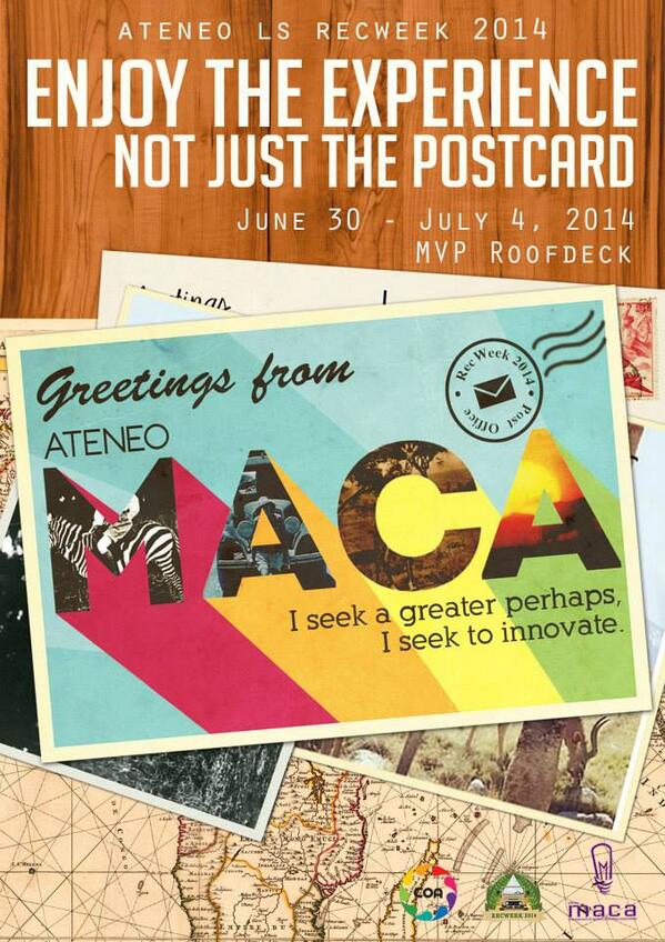 AteneoMacaPal's tweet image. I seek a greater perhaps. I seek to innovate.

June 30 - July 4. MVP Roofdeck. 

#RecWeek2014 #ISeekToInnovate
