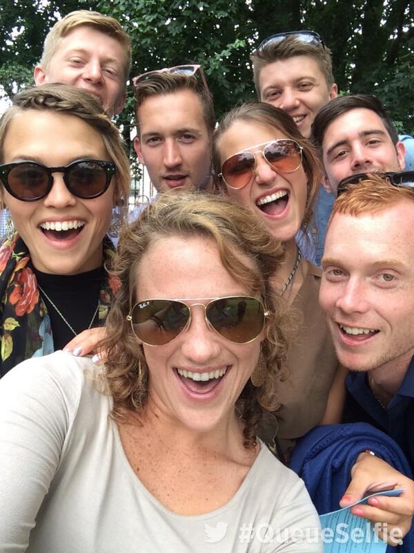 Wimbledon's tweet photo. #QueueSelfie at #Wimbledon with  @BusseySimon @aileensellis @peterjenvey http://t.co/kmQbr86jqf