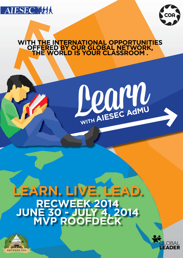 AIESECinAdMU's tweet image. The world can be your classroom. LEARN with AIESEC AdMU.

MVP Roofdeck | June 30 - July 4
#LearnLiveLead #RecWeek2014