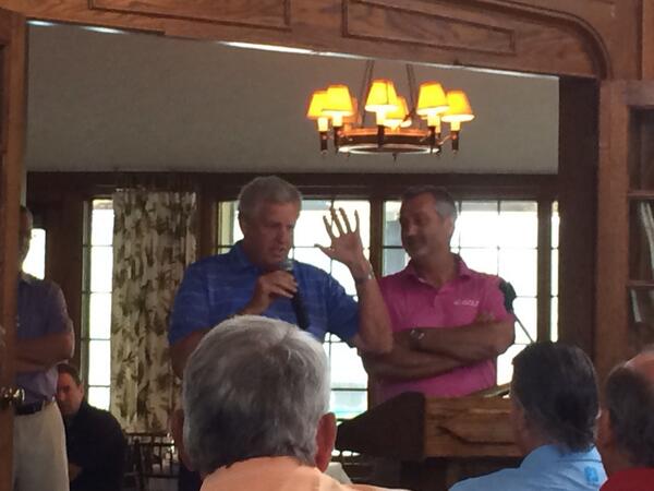 Colin Montgomerie (on his birthday) and Frank Nobilo telling a story at the Ronald House Pro Am