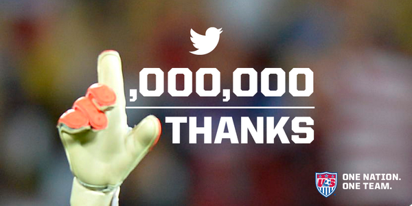 USMNT's tweet photo. Thanks for helping us get to 1,000,000 followers on @twitter! It's been a great time and here's to the next million!! http://t.co/rfoWyXMgNb