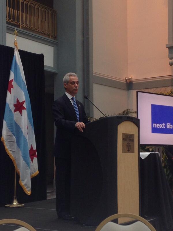 knightfdn's tweet photo. MT @andreakalinka: .@ChicagosMayor opens #newschallenge winner #nextlibrary2014 @chipublib http://t.co/qk36cQHKEj #civicmedia