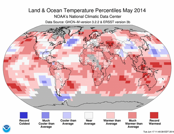 NOAA's tweet photo. JUST IN: Globe experienced warmest #May on record, per @NOAANCDC #StateOfClimate Report http://t.co/pNdGW4qITn