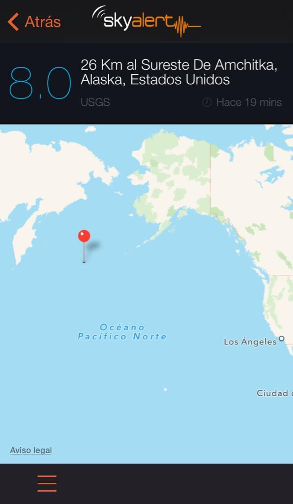 SkyAlertMx's tweet photo. Aumentan la magnitud del sismo de Alaska a 8. pendientes de información por Tsunami y nuevo ajuste de magnitud. http://t.co/9vmMBUqvfw
