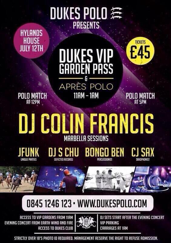 LOVE2FUNK's tweet photo. @djcolinfrancis headlines this year's @DukesPolo #EssexPolo w/ some of the greatest talent in Essex!

#July12th 🐎🍸🍹🍷 http://t.co/i9VJLqM67i