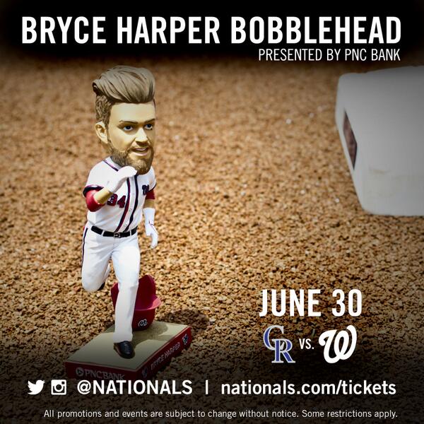 Nationals's tweet photo. For every 34 RTs this gets, we'll award a @BHarper3407 #NatsBobble (limit 10) &amp; tix for 6/30! http://t.co/JOxDUDFK82 http://t.co/8crDxuRKB5