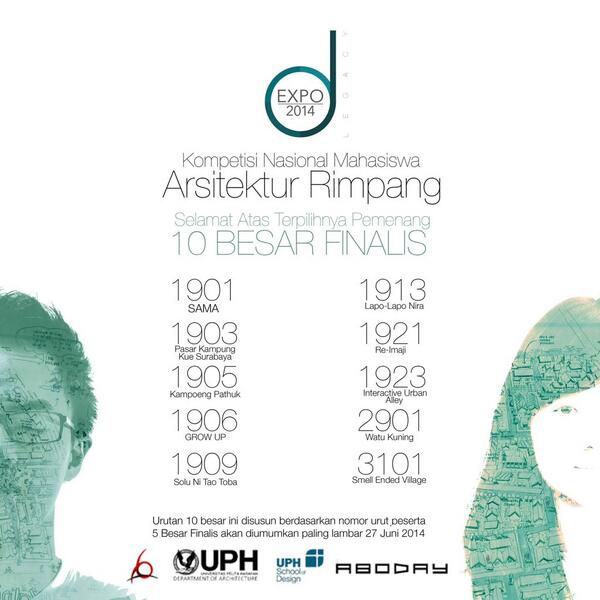 10 besar Kompetisi Nasional Mahasiswa Arsitektur Rimpang :) selamat bagi yang masuk sepuluh besar!