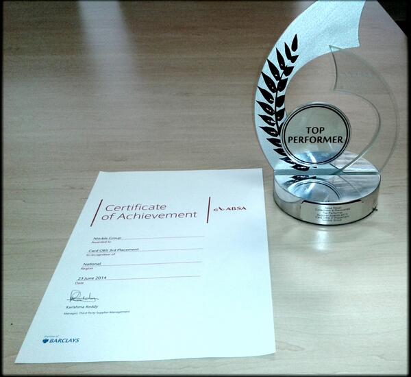 NimbleGroup's tweet photo. Awarded Top Performance Supplier Award - ABSA Credit Card 3rd placement Collections and Recoveries for 2013 http://t.co/lejrNzNEHa