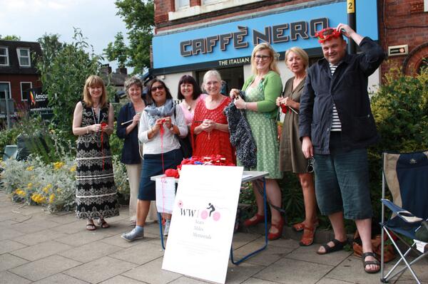 WW100Challenge's tweet photo. Public knitting of poppies for @WW100Challenge - WWKnitInPublic day on Saturday in Didsbury with @floweremporium's VT http://t.co/jPS5uPE8HY