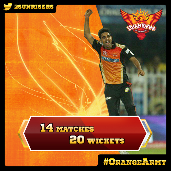 SunRisers's tweet image. He was at his swinging best and got plent of wickets! How good was @BhuviOfficial in #IPL7?