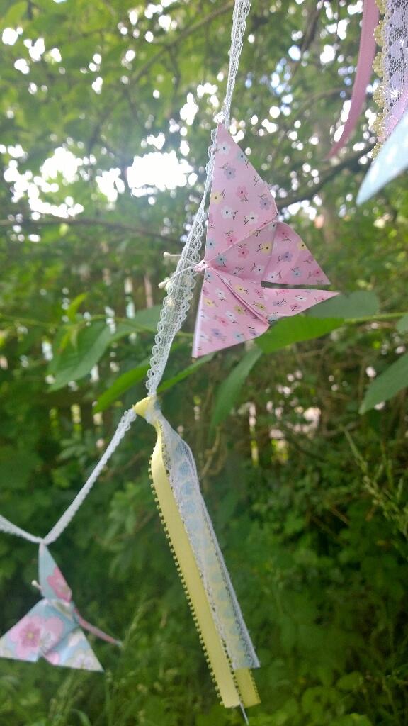 Myrtle_House01's tweet photo. 6 #Origami #butterflies, #lace and #ribbon #garland, approx 2.5 metre. £7.00 posted, today only. Dm to order http://t.co/dAFQMa7WPK