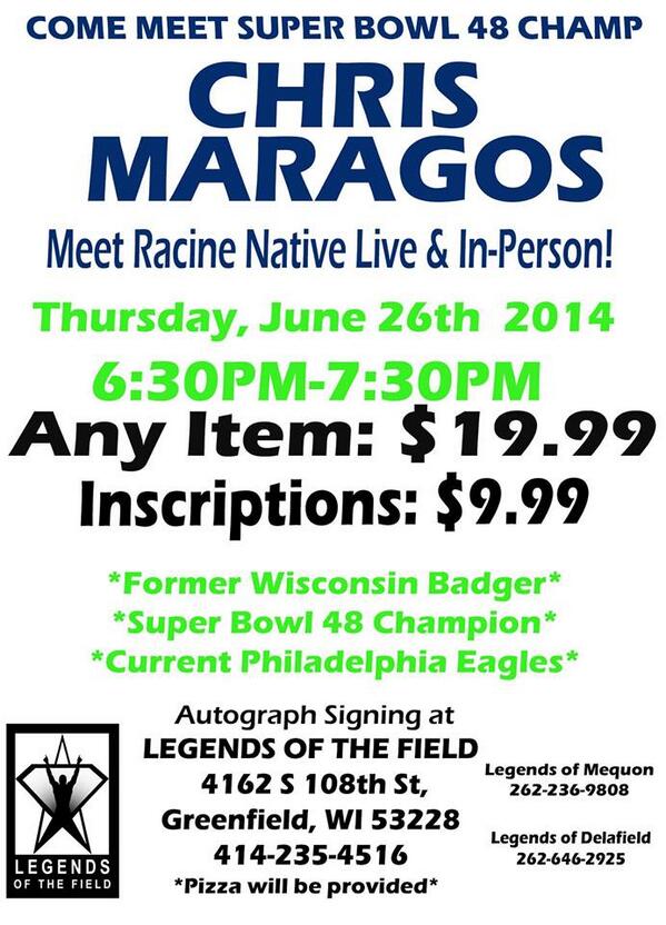 ShawnLuvsCoffee's tweet photo. Breaking: SB Champ, Racine native, Badger alum &amp; current Eagle @ChrisMaragos will showcase SB bling @lotfautographs. http://t.co/Zm2fxw3dVF