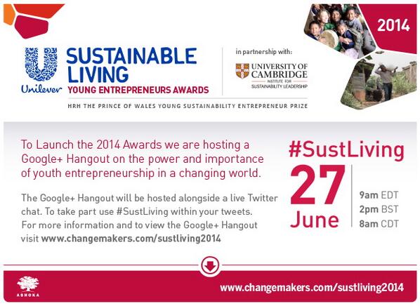 Changemakers's tweet image. This Friday, we&apos;re hosting a #sustLiving G+ Hangout on the importance of youth entrepreneurship in a changing world: