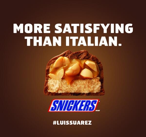 Hey @luis16suarez. Next time you're hungry just grab a Snickers. #worldcup #luissuarez #EatASNICKERS