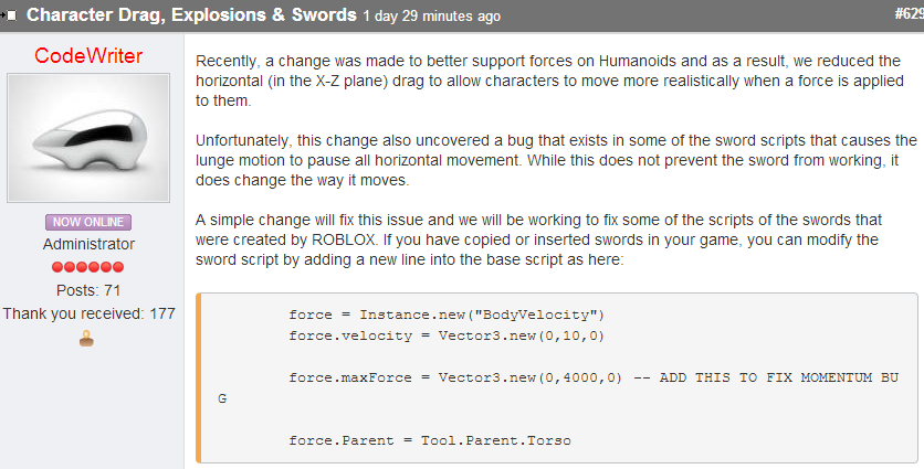 Roblox Dev Tips On Twitter Update Roblox Physics Update Changes Character Drag Update Your Sword Scripts To Stop Lunging From Freezing You Http T Co Qvldid5iix - roblox character velocity