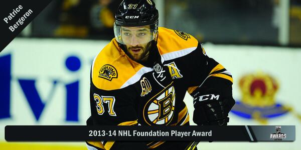 NHL's tweet photo. And the winner of the NHL Foundation Player Award is @NHLBruins Patrice Bergeron. #NHLAwards http://t.co/Y5hCNG9S1z