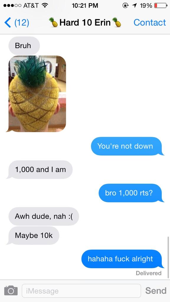 stupidapric0t's tweet image. 10k rts and Erin will get this ugly ass pineapple haircut lmao