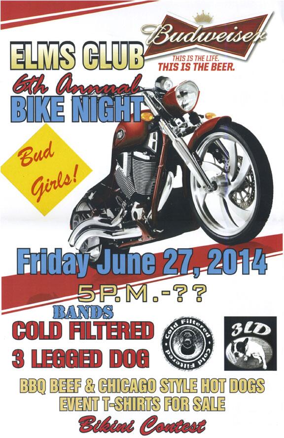 CrestonIowa's tweet photo. Elm's Club 6th Annual BIKE NIGHT June 27, 2014. Live Rock Music, Food, Motorcycles, Bikini Contest, Bud Girls &amp; more! http://t.co/sd9nwqCVZW
