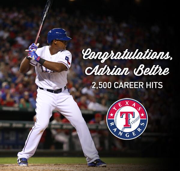 Texas Rangers on X: Congratulations to Adrian Beltre for chalking up 2,500  career hits. Tweet him a message with #BeltingBeltre.   / X