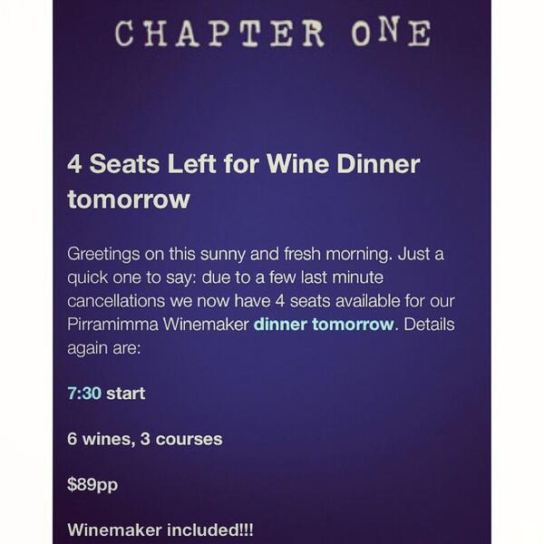 ChapterOneBondi's tweet image. 4seats left!! Come join us &amp;amp; Pirramimma Wines Mclaren Vale for some sweet sweet juice and a tasty winter feast!
