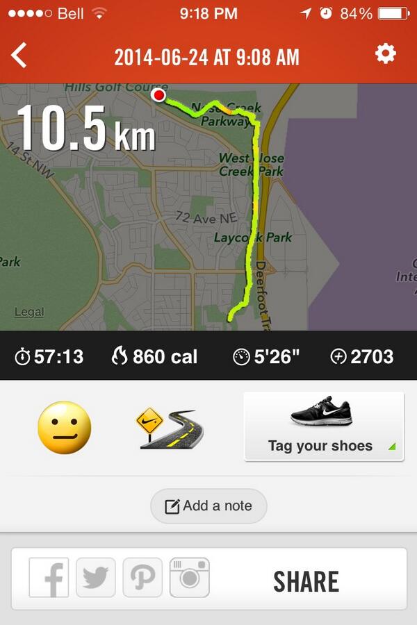CalgaryRunBuddy's tweet photo. Still struggling to get back in the groove but it's a start. Anyone want to run on Friday? http://t.co/KtaYY7hI1y