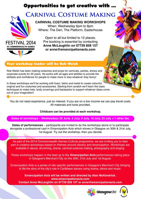 ACNACC's tweet photo. Love carnival costumes? Learn how to make them starting tonight! FREE workshops in #easterhouse #emancipationacts http://t.co/3a9Tfkue48