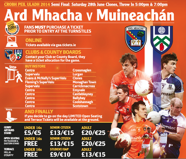 UlsterGAA's tweet photo. WIN 2 TICKETS to @Armagh_GAA v @monaghangaa - Simply RT to enter. Winner picked at random 1pm Thursday. #Ulster2014 http://t.co/w56eX2UuJu