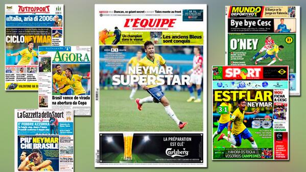FCBarcelona_cat's tweet photo. El debut al Mundial de @neymarjr a les portades de la premsa internacional http://t.co/a96h8R3oap http://t.co/IpgUCfxqBo