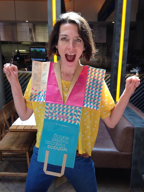 thomasinamiers's tweet image. New takeaway bag @wahaca doubles up as a bib - ingenious!!